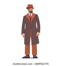 Bearded Man of Nineteenth Century Isolated on White Background. English Victorian Gentleman Wear Vintage Clothing, Elegant Suit, Bowler Hat and Glasses, Retro Male Fashion. Cartoon Vector Illustration