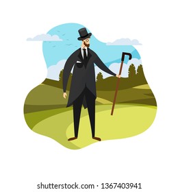 Bearded Man of Nineteenth Century Stand on Nature Landscape Background. English Gentleman Clothing in Elegant Suit, Tall Hat, Monocle, Cane. Vintage Male Fashion Cartoon Flat Vector Illustration, Icon