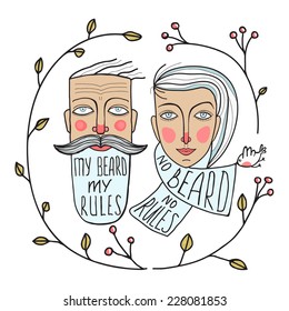 Bearded Man And No Beard Woman Portraits. Faces Of Two People Drawing. Vector Illustration EPS8.