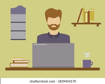 Bearded man in office. Computer work. Flat vector illustration.