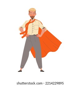 Bearded Man Office Employee Standing In Superhero Cloak With Hands On Hips Vector Illustration