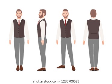 Bearded man or office worker in elegant business outfit with waistcoat. Friendly male cartoon character isolated on white background. Front, side and back views. Flat colorful vector illustration.