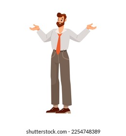 Bearded Man Office Worker in Red Tie Standing and Shrugging Shoulders Vector Illustration