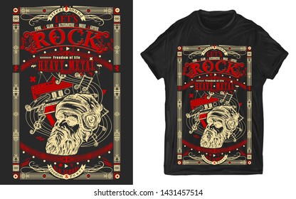 Bearded man and old audio cassette. Heavy metal. Let's Rock slogan. Musical print for t-shirts and another, trendy apparel design 