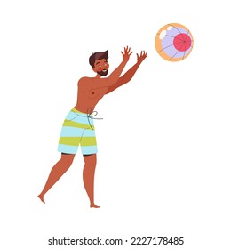 Bearded Man on Beach Playing Volleyball Enjoying Summer Vacation and Seaside Rest Vector Illustration