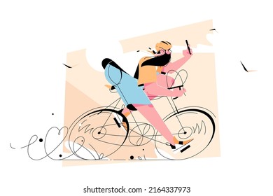 Hombre con barba en ilustración vectorial de bicicleta. Hombre montando en bicicleta y tomando fotos al estilo de un smartphone. Esparcimiento y actividades al aire libre y concepto deportivo. Aislado sobre fondo blanco