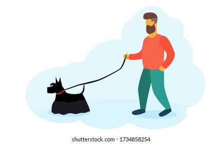 Bearded man is on a dog walk outside. Flat vector design template