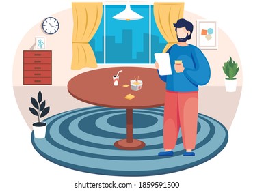 Bearded man with a paper sheet is standing in a room with big round table with fast food box and drink. Flat vector illustration character indoors alone at home reading and eating in livingroom