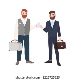 Bearded man passing envelope to his business partner or colleague isolated on white background. Two businessmen making deal. Bribery and corruption. Vector illustration in modern flat cartoon style.