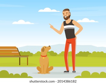 Bearded Man Pet Owner Giving Command to His Dog Vector Illustration