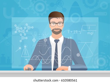 Bearded man Physicist making the graphs formula on the computer vector illustration. Physics technology.