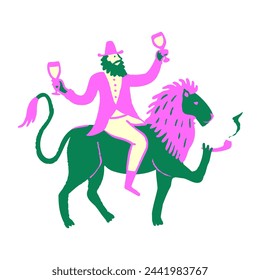 Bearded Man in a pink suit riding a lion and drinking toast from a glass vector illustration. A whimsical Label for a drink with a man and a lion.