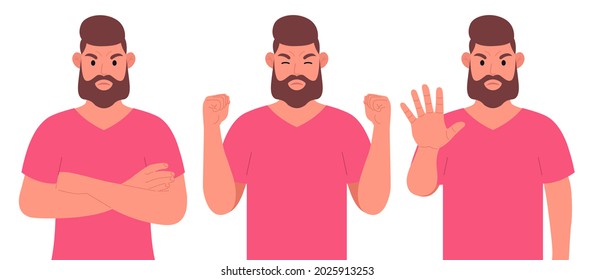 Bearded man in pink t-shirt. Angry male character in different poses shows the emotion of aggression. Vector illustration.
