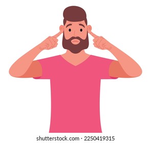 Bearded man in pink t-shirt covering ears with fingers with annoyed expression for the noise. Vector illustration.