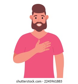 Hombre con barba y camiseta rosa expresa su sentimiento positivo a la gente, mantente con la mano en el pecho o el corazón. Ilustración vectorial.