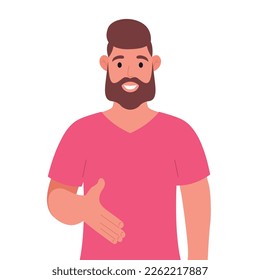 Bearded man in pink t-shirt giving hand shake pose and smiling with welcome gesture. Vector illustration.