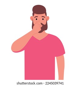 Bearded man in pink t-shirt holding fingers on nose. Vector illustration.