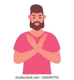 Bearded man in pink t-shirt making X shape, stop sign with hands and negative expression. Vector illustration.