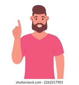 Bearded man in pink t-shirt pointing up finger while standing and smiling. Concept of a great idea. Vector illustration.