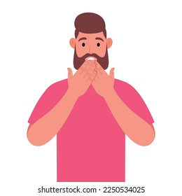 Bearded man in pink t-shirt shocked covering mouth with hand for mistake. Expression of fear, scared in silence, secret concept. Vector illustration.