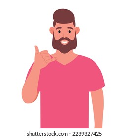 Bearded man in pink t-shirt showing a call me sign. Vector illustration.