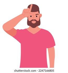 Bearded man in pink t-shirt showing loser sign on forehead with fingers. Vector illustration.