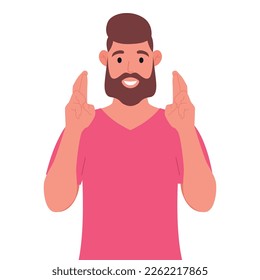 Bearded man in pink t-shirt showing hopeful gesture sign with fingers crossed. Vector illustration.
