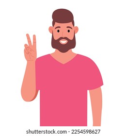 Bearded man in pink t-shirt shows victory gesture. A sign of success and peace. Vector illustration.