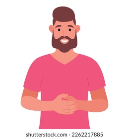 Bearded man in pink t-shirt standing with folded hands. Vector illustration.