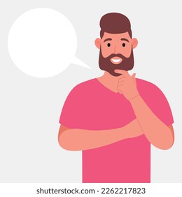 Bearded man in pink t-shirt thinks. Pondering on particular belief or idea, empty cloud bubble for text or image. Vector illustration.