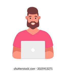 Bearded man in a pink t-shirt working on the laptop computer. Freelance job concept. Vector illustration.