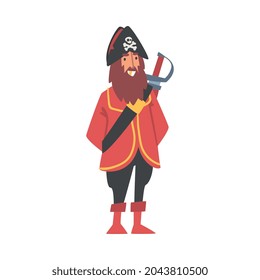 Bearded Man Pirate or Buccaneer Character with Sabre and Hat with Crossed Bones as Marine Robber Vector Illustration