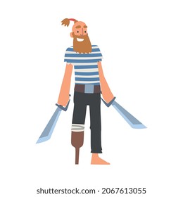 Bearded Man Pirate or Buccaneer Character with Sabre and Wooden Leg as Marine Robber Vector Illustration