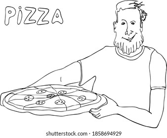 Bearded man with pizza, pizzamaker, pizza delivery 