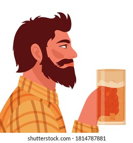 Bearded man in plaid shirt holding mug of beer. Vector illustration in cartoon style