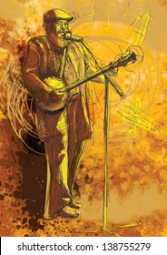 The bearded man playing the banjo and singing into a microphone. /// A hand drawn illustration converted into vector (4 layers).