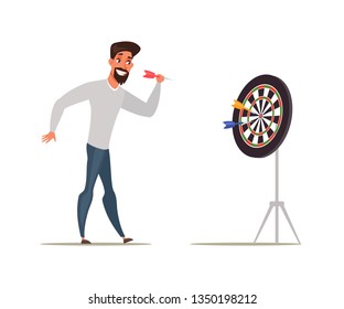 Bearded man playing darts vector illustration. Handsome player with arrow. Aiming in dartboard, bullseye, target. Hobby, leisure and pastime. Entertainment center banner, poster, flyer design element