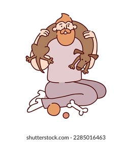 Bearded man playing with his dog holding it on shoulders flat vector illustration