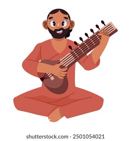 bearded man playing sitar india isolated