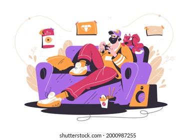 Bearded Man Playing In Video Game At Sofa With Cat. Male Gamer Character Relaxing With Street Food Near Acoustic System At Weekend. Vector Illustration.