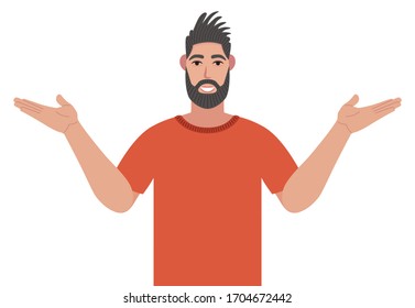 Bearded man pointing away and showing or presenting something. Hipster pointing copy space. Vector illustration in cartoon style.