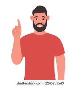 Bearded man pointing up finger while standing and smiling. Concept of a great idea. Vector illustration.