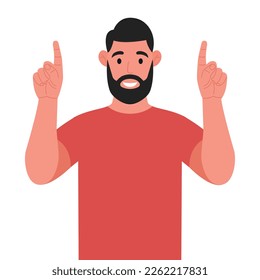 Bearded man pointing up fingers while standing and smiling. Pointing copy space. Vector illustration.