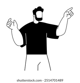 Bearded man is pointing and gesturing with his hands. He wears a black t-shirt and light-colored pants. This scene is depicted in simple, black-and-white vector style. Themes: gesture, communication