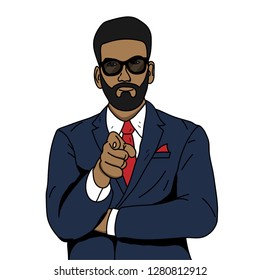 Bearded man pointing towards screen at you