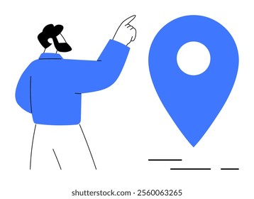 A bearded man points to a large blue map pin symbol. Ideal for navigation, location services, travel planning, business logistics, and geographic information systems. Simple vector style