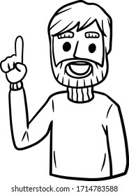 Bearded man points up. Finger and hand gesture. Young smiling guy. Hand-drawn illustration. Happy emotion. Warm sweater.