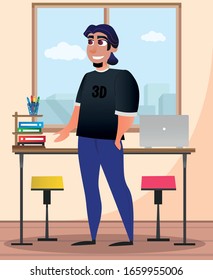 Bearded Man with Ponytail Hair in Design Studio. Design Studio. Office Interior. Creative Designer. Designer in Black T-Shirt in Office on Background Table. Vector Illustration. Design Project.