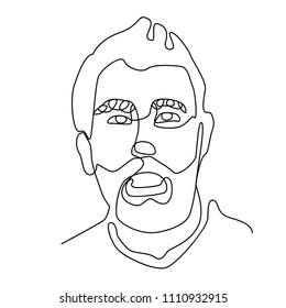 Bearded Man Portrait One Line Art. Male Facial Expression. Hand Drawn Linear Man Silhouette. Vector illustration