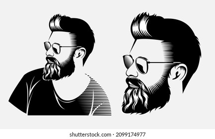 Bearded Man Pose illustration set of head and body with classic vintage glasses,vector, clipart